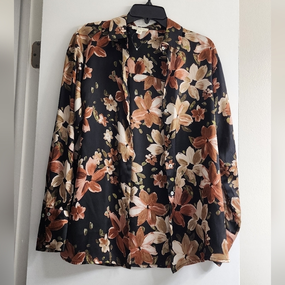 Tamara H Satin Floral Black and Brown Women's Top Button Down Nwot - Picture 2 of 7